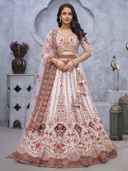 Odette White Organza  Embroidered Semi-Stitched Lehenga With Unstitched Blouse For Women