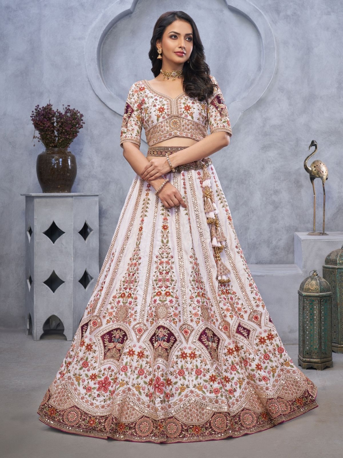 Odette White Organza  Embroidered Semi-Stitched Lehenga With Unstitched Blouse For Women