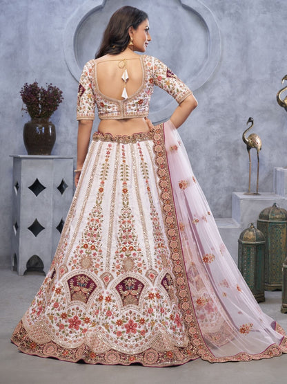 Odette White Organza  Embroidered Semi-Stitched Lehenga With Unstitched Blouse For Women