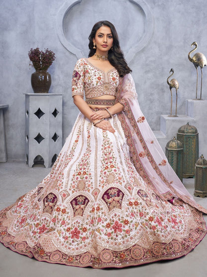 Odette White Organza  Embroidered Semi-Stitched Lehenga With Unstitched Blouse For Women