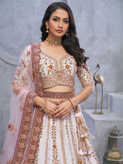 Odette White Organza  Embroidered Semi-Stitched Lehenga With Unstitched Blouse For Women