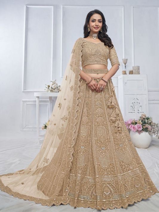 Odette Gold Soft Net Embroidered Semi-Stitched Lehenga With Unstitched Blouse For Women