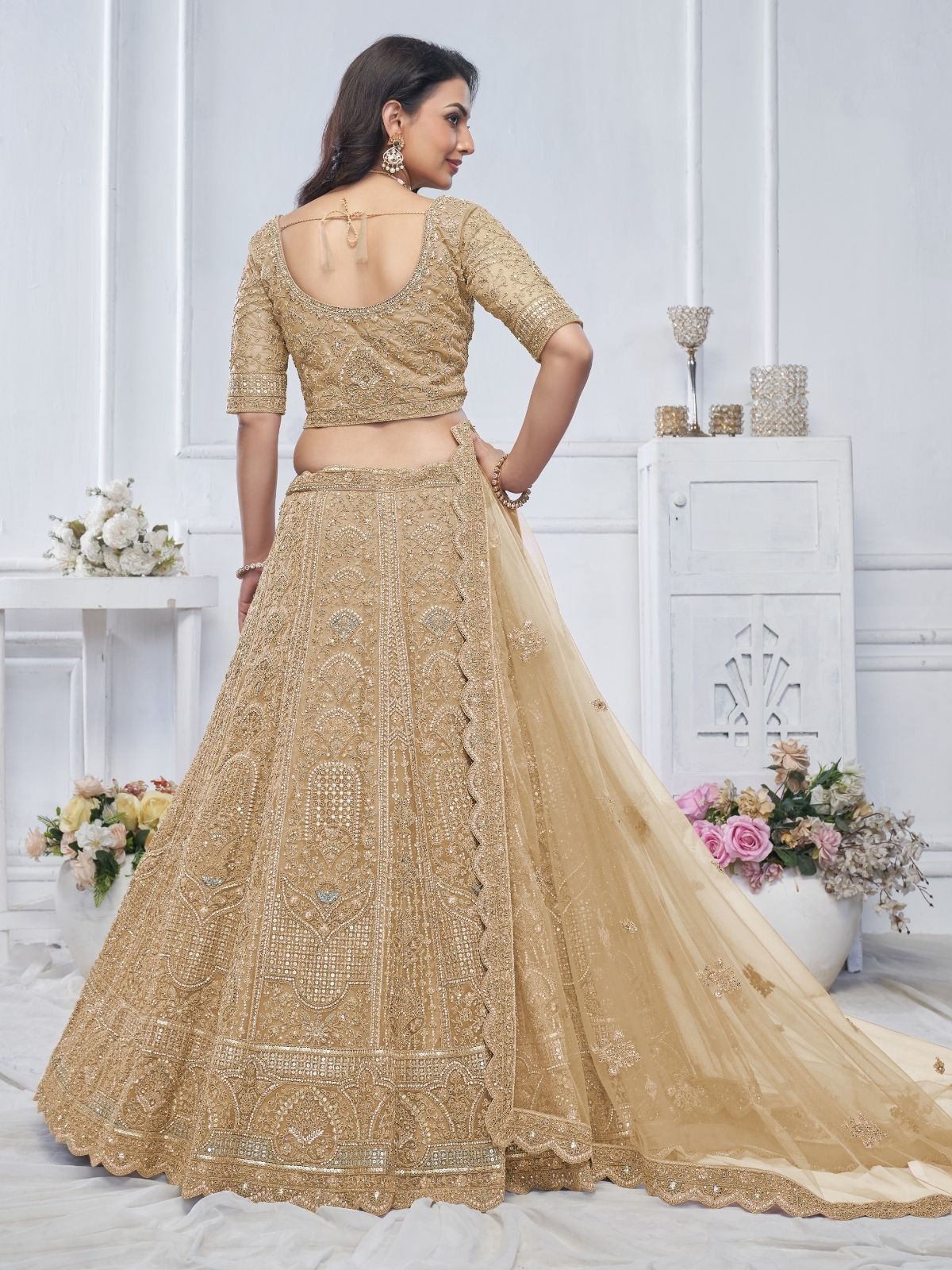 Odette Gold Soft Net Embroidered Semi-Stitched Lehenga With Unstitched Blouse For Women
