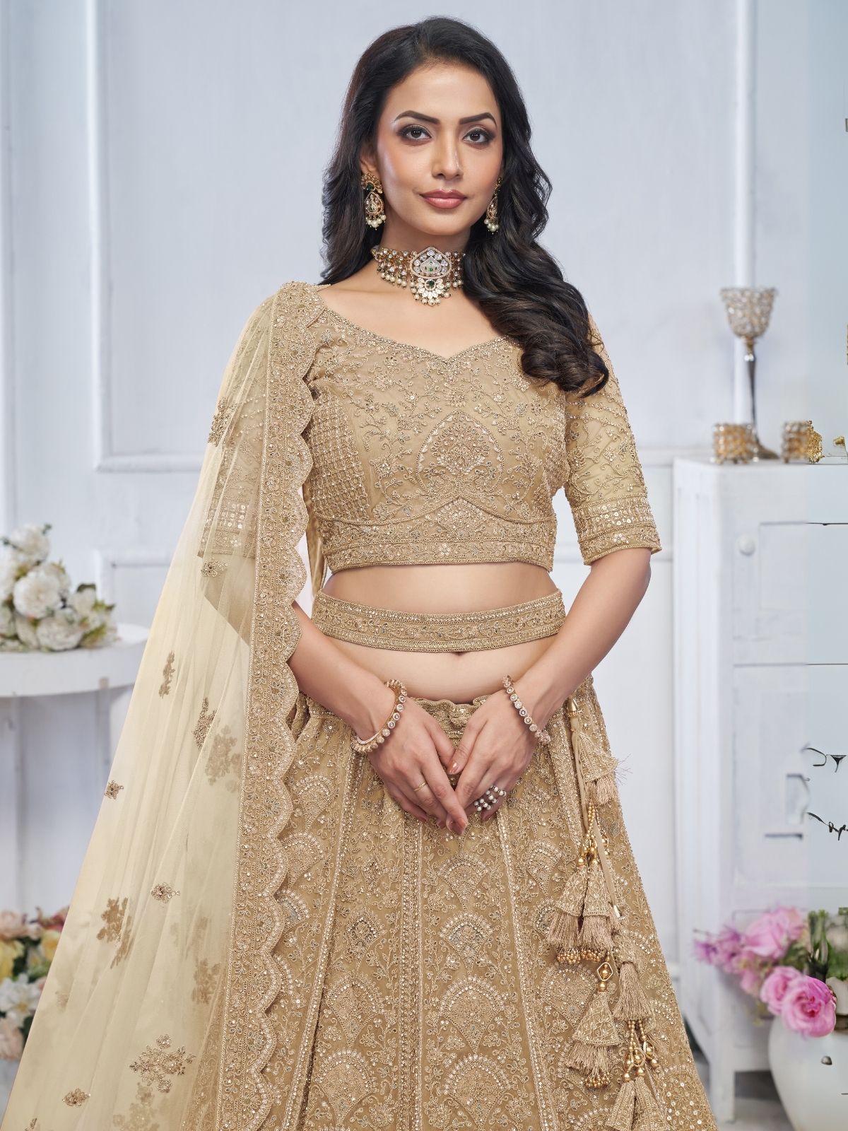 Odette Gold Soft Net Embroidered Semi-Stitched Lehenga With Unstitched Blouse For Women