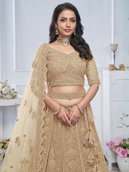 Odette Gold Soft Net Embroidered Semi-Stitched Lehenga With Unstitched Blouse For Women