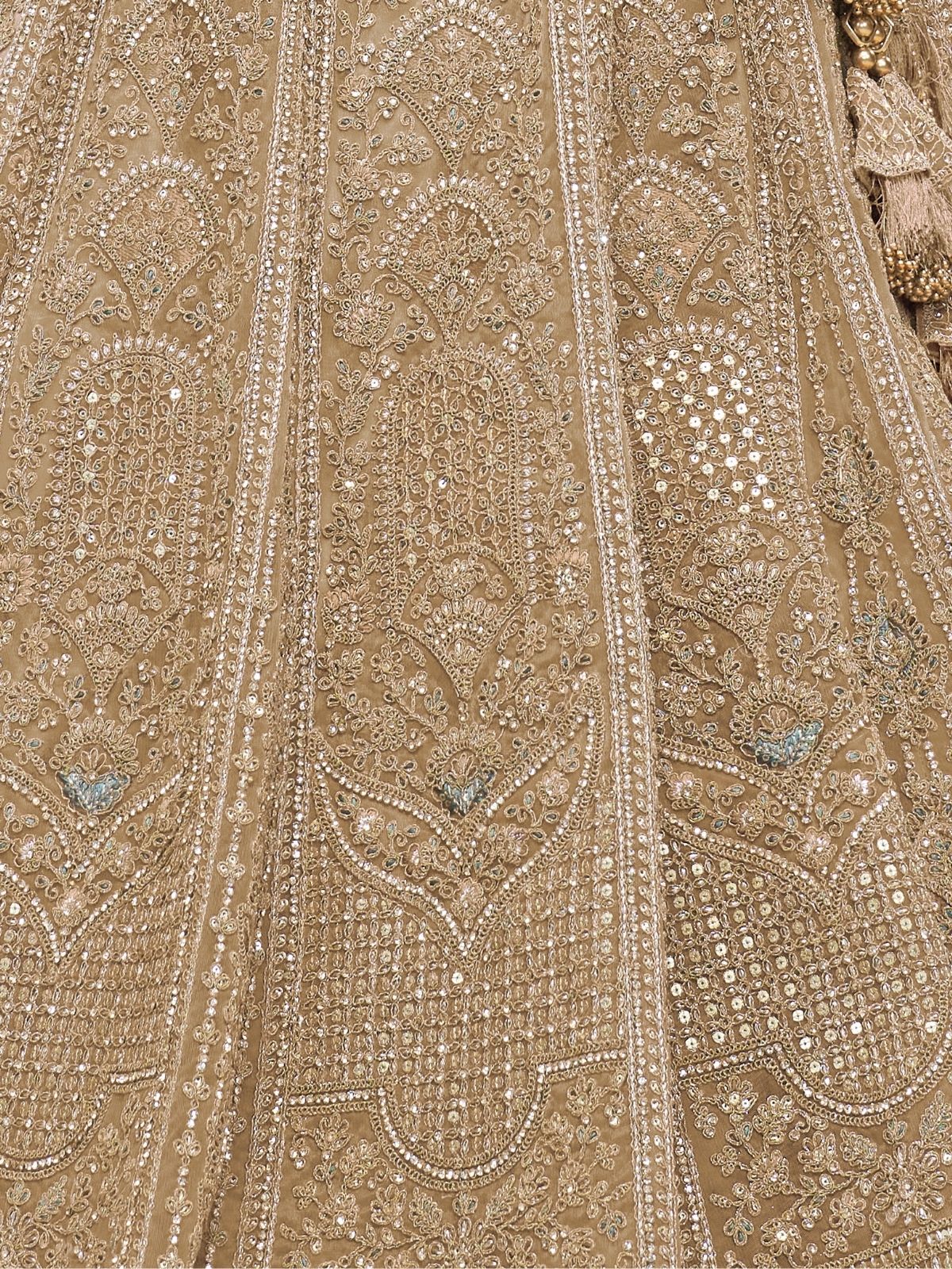 Odette Gold Soft Net Embroidered Semi-Stitched Lehenga With Unstitched Blouse For Women