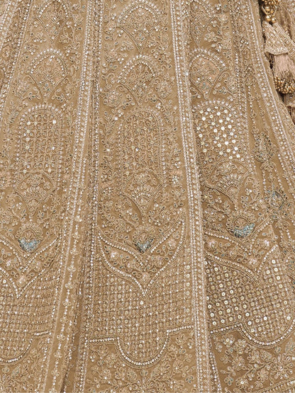 Odette Gold Soft Net Embroidered Semi-Stitched Lehenga With Unstitched Blouse For Women