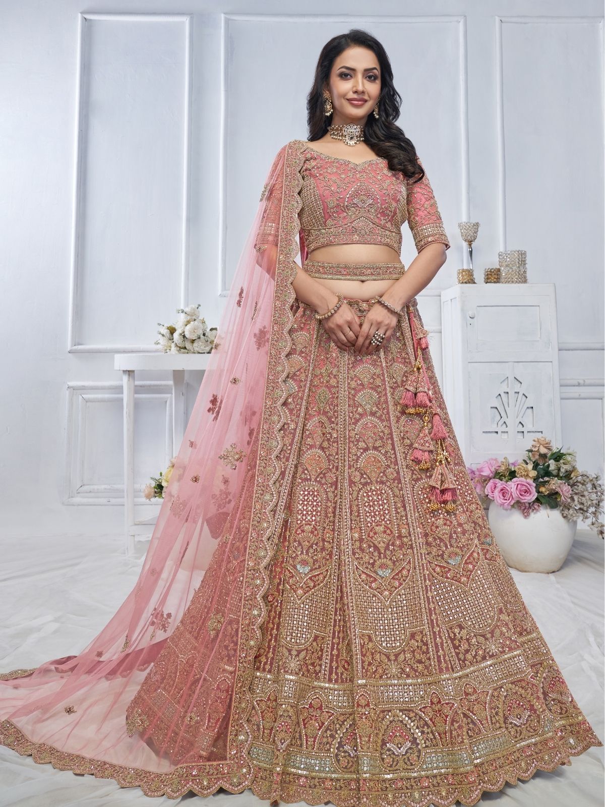 Odette Light Pink Soft Net Embroidered Semi-Stitched Lehenga With Unstitched Blouse For Women