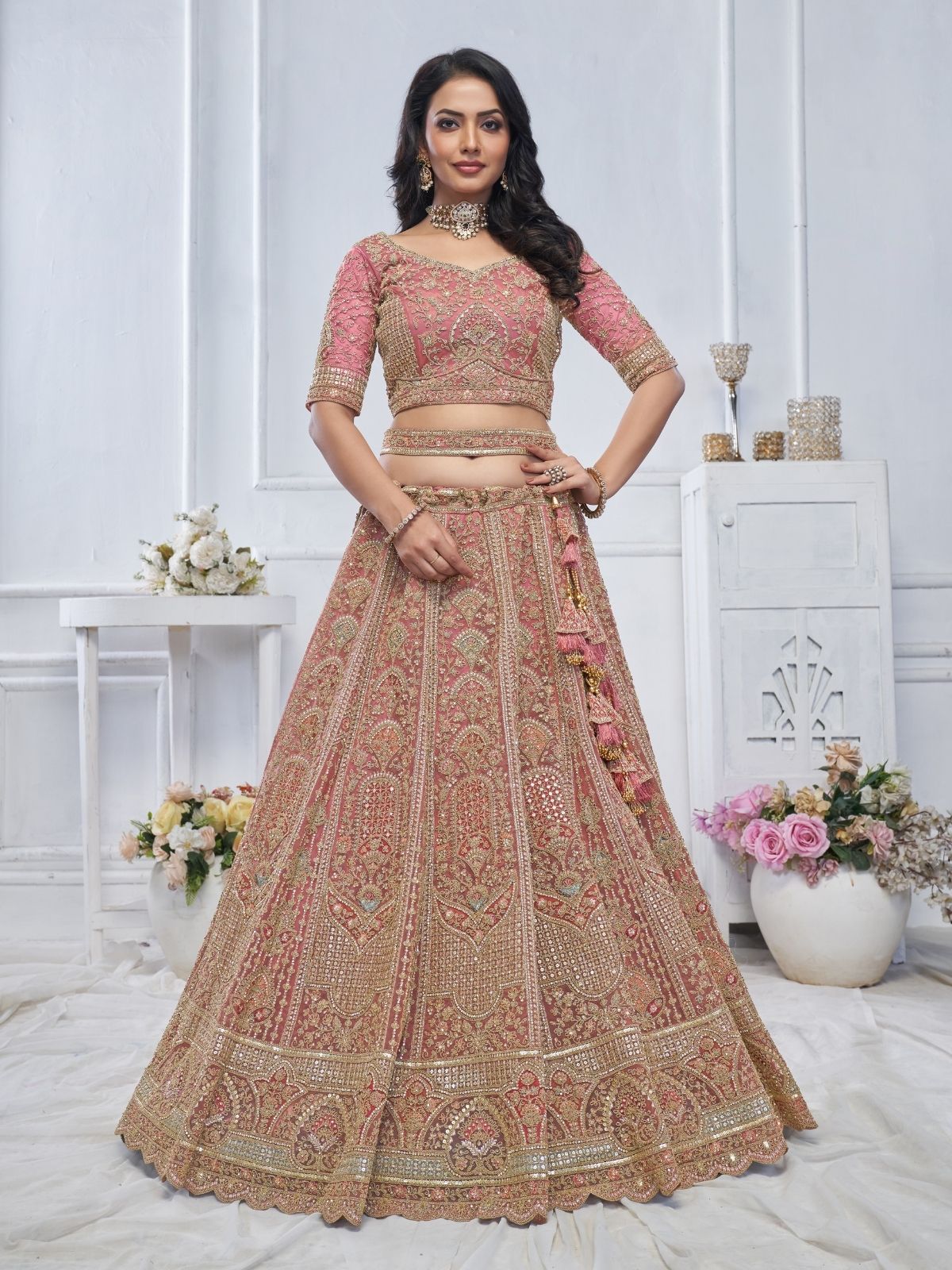 Odette Light Pink Soft Net Embroidered Semi-Stitched Lehenga With Unstitched Blouse For Women