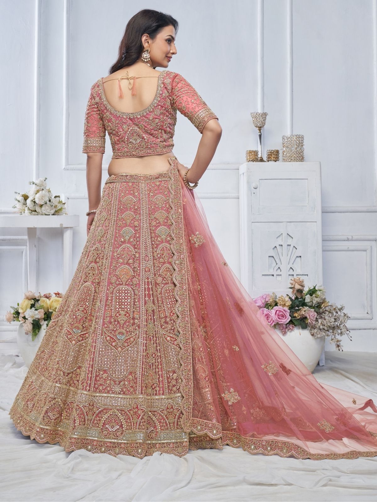 Odette Light Pink Soft Net Embroidered Semi-Stitched Lehenga With Unstitched Blouse For Women