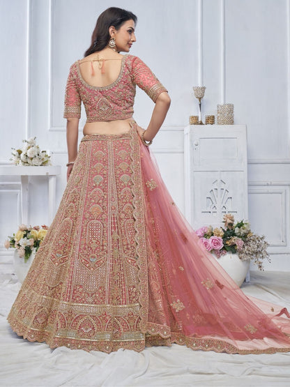 Odette Light Pink Soft Net Embroidered Semi-Stitched Lehenga With Unstitched Blouse For Women