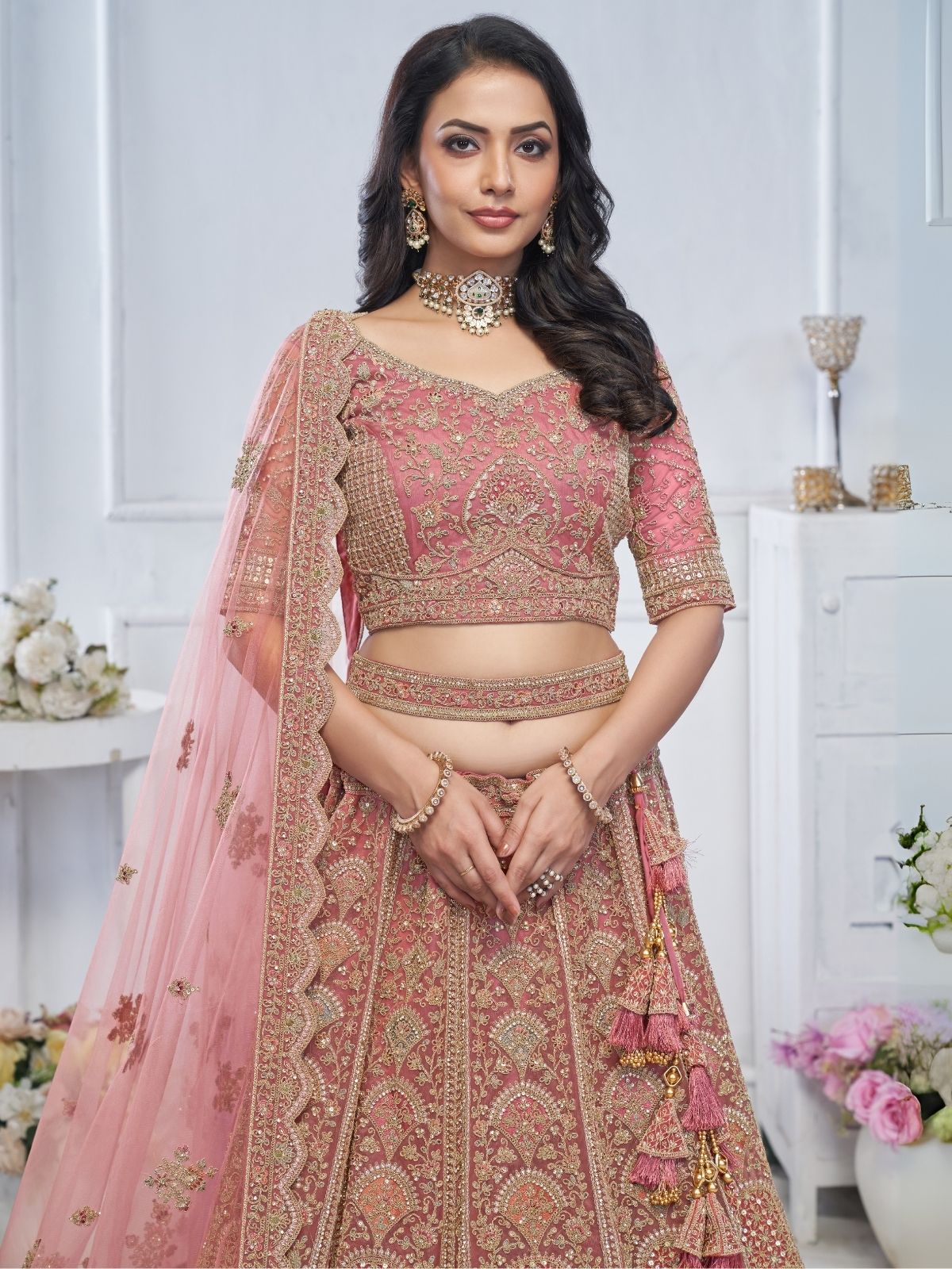 Odette Light Pink Soft Net Embroidered Semi-Stitched Lehenga With Unstitched Blouse For Women