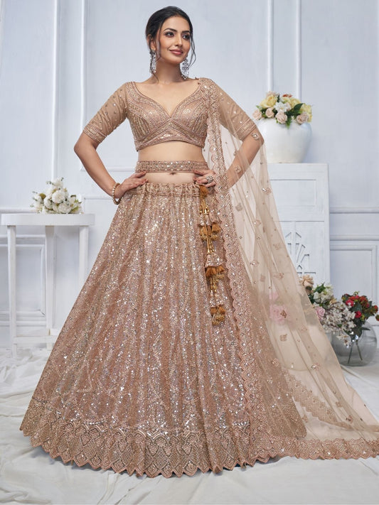 Odette Light Brown Soft Net Embroidered Semi-Stitched Lehenga With Unstitched Blouse For Women