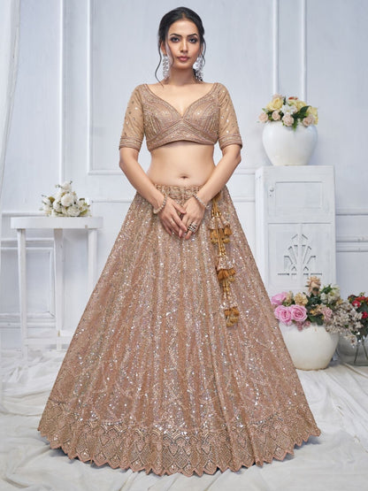 Odette Light Brown Soft Net Embroidered Semi-Stitched Lehenga With Unstitched Blouse For Women