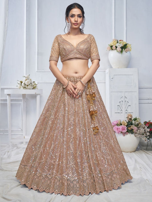 Odette Light Brown Soft Net Embroidered Semi-Stitched Lehenga With Unstitched Blouse For Women