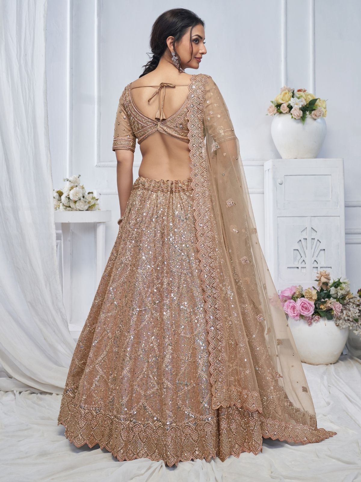 Odette Light Brown Soft Net Embroidered Semi-Stitched Lehenga With Unstitched Blouse For Women