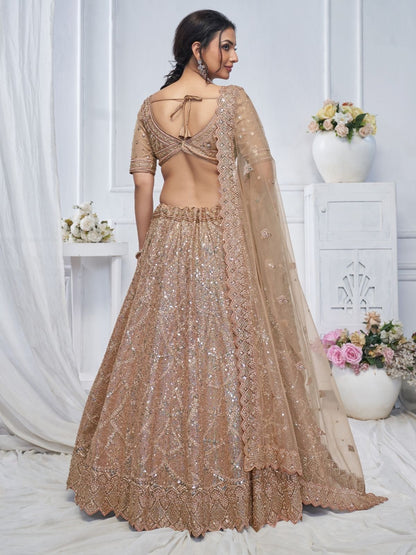 Odette Light Brown Soft Net Embroidered Semi-Stitched Lehenga With Unstitched Blouse For Women