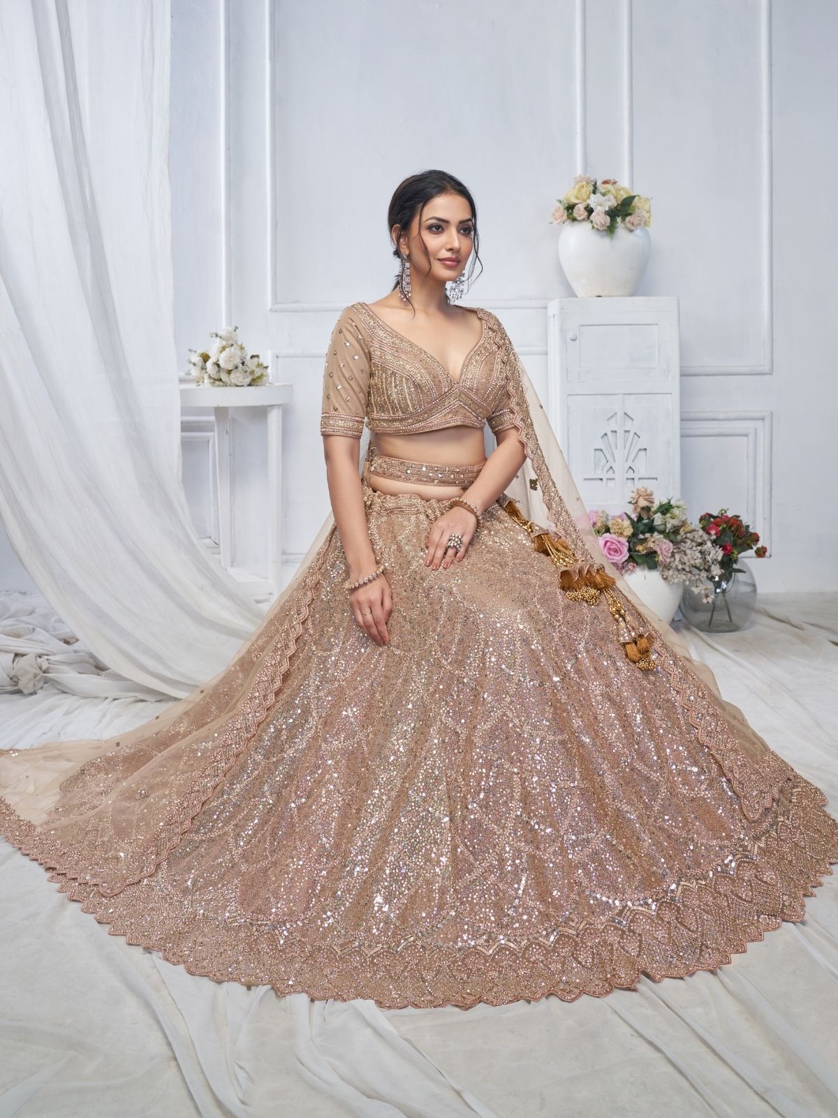 Odette Light Brown Soft Net Embroidered Semi-Stitched Lehenga With Unstitched Blouse For Women