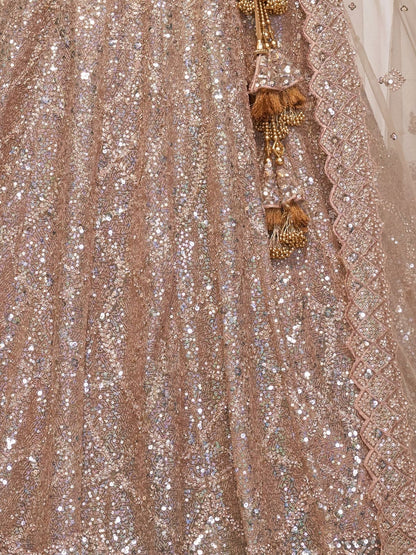 Odette Light Brown Soft Net Embroidered Semi-Stitched Lehenga With Unstitched Blouse For Women