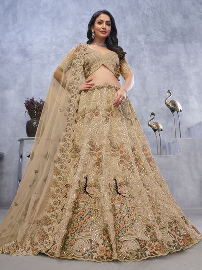 Odette Gold Soft Net Embroidered Semi-Stitched Lehenga With Unstitched Blouse For Women