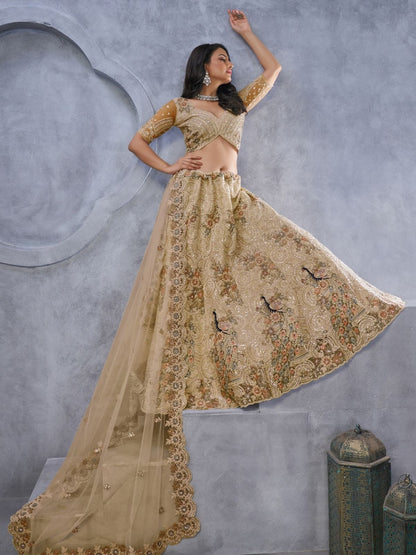 Odette Gold Soft Net Embroidered Semi-Stitched Lehenga With Unstitched Blouse For Women