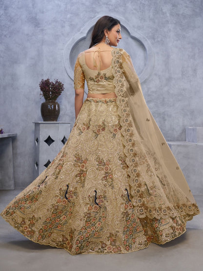 Odette Gold Soft Net Embroidered Semi-Stitched Lehenga With Unstitched Blouse For Women