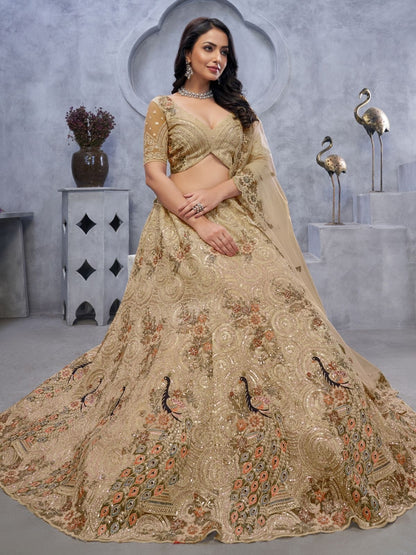Odette Gold Soft Net Embroidered Semi-Stitched Lehenga With Unstitched Blouse For Women