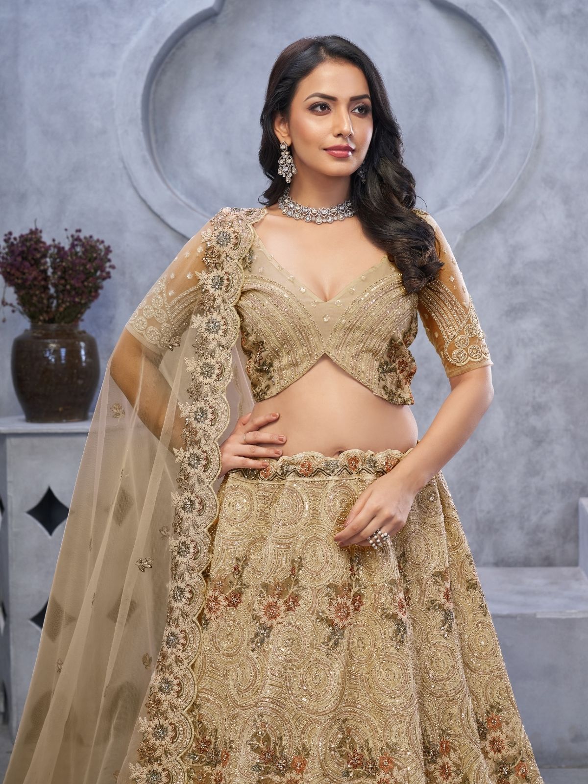 Odette Gold Soft Net Embroidered Semi-Stitched Lehenga With Unstitched Blouse For Women