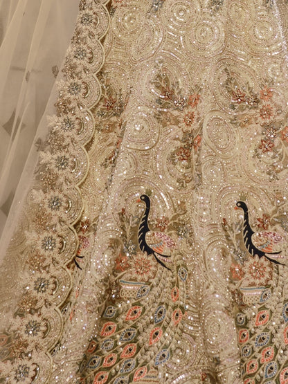 Odette Gold Soft Net Embroidered Semi-Stitched Lehenga With Unstitched Blouse For Women