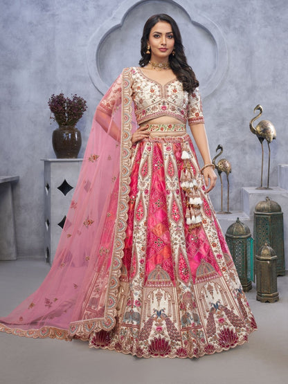 Odette Pink Organza  Embroidered Semi-Stitched Lehenga With Unstitched Blouse For Women