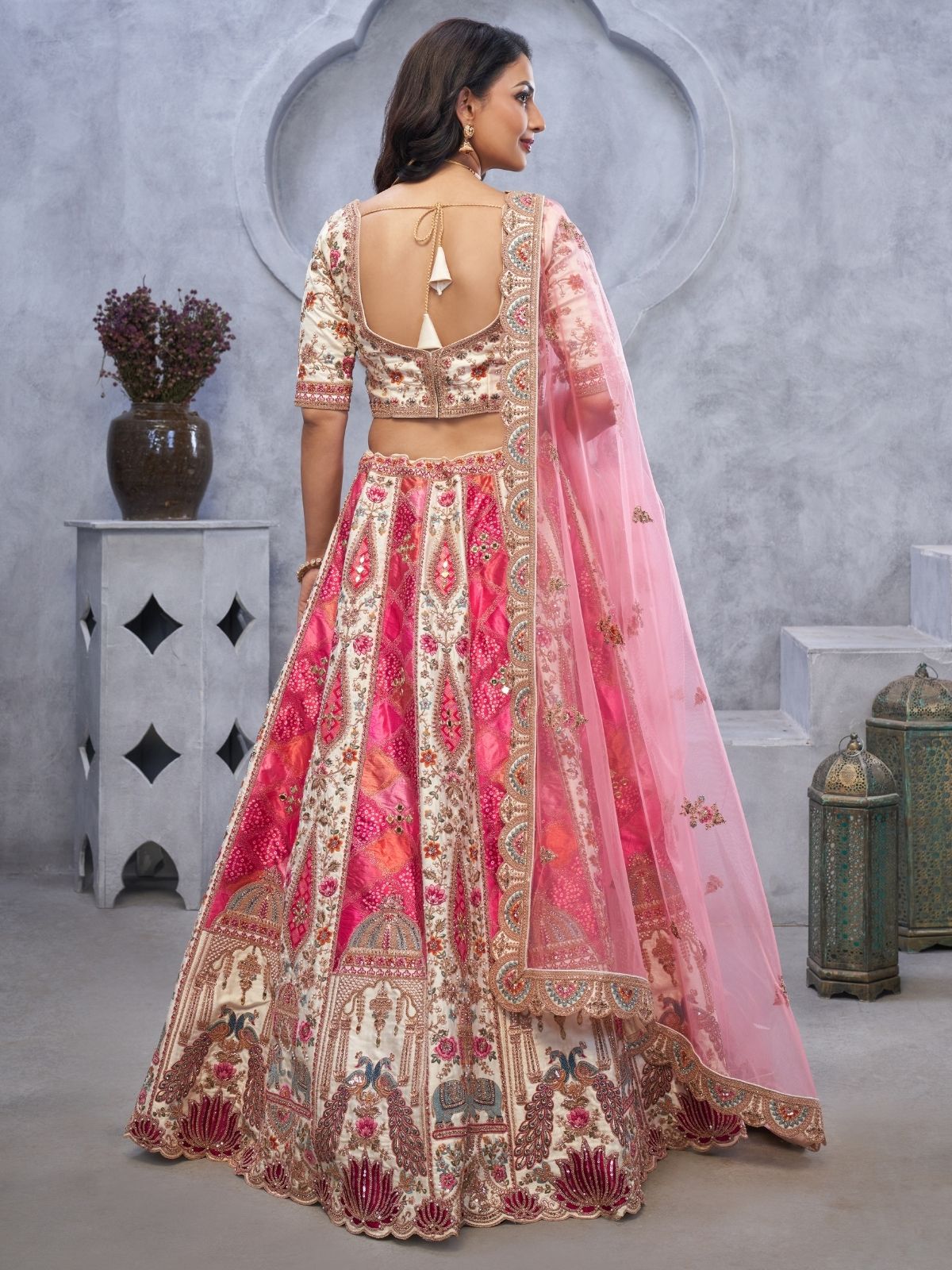 Odette Pink Organza  Embroidered Semi-Stitched Lehenga With Unstitched Blouse For Women