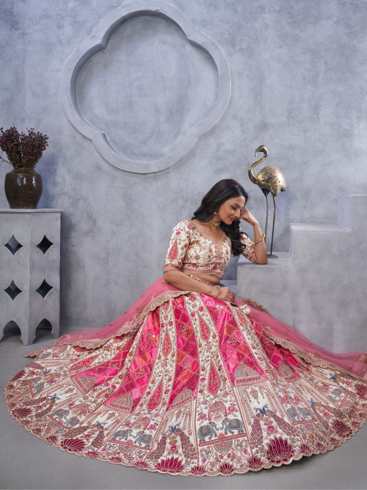 Odette Pink Organza  Embroidered Semi-Stitched Lehenga With Unstitched Blouse For Women