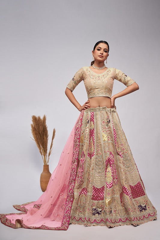 Odette Cream Organza Silk Embroidered Semi Stitched Lehenga With Unstitched Blouse For Women