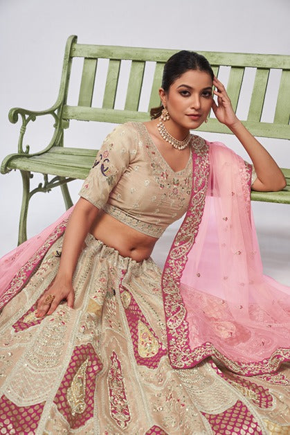 Odette Cream Organza Silk Embroidered Semi Stitched Lehenga With Unstitched Blouse For Women