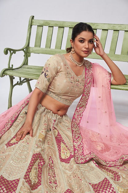 Odette Cream Organza Silk Embroidered Semi Stitched Lehenga With Unstitched Blouse For Women