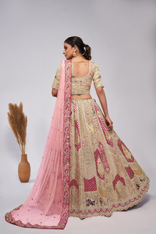 Odette Cream Organza Silk Embroidered Semi Stitched Lehenga With Unstitched Blouse For Women