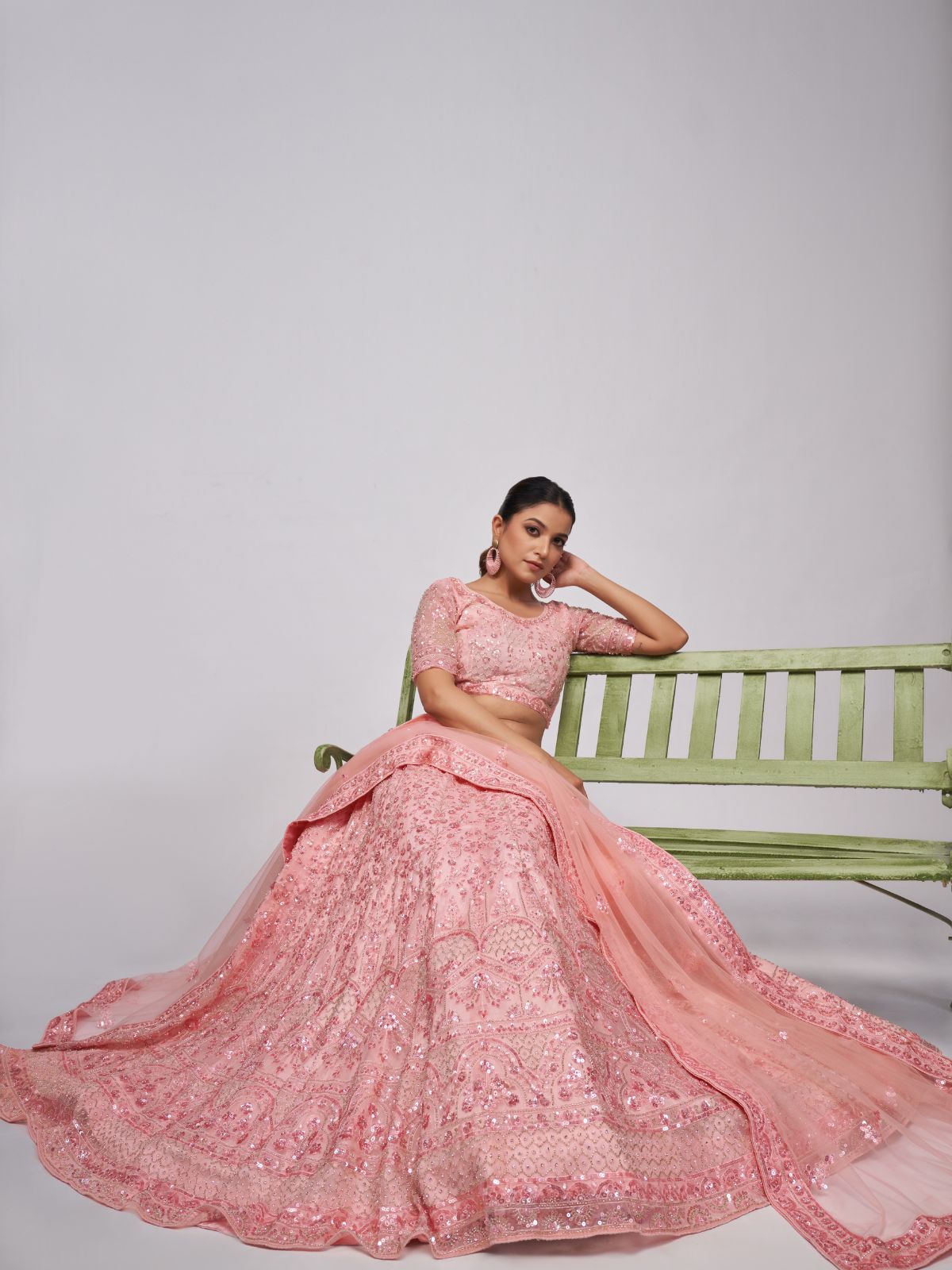 Odette Peach Soft Net Embroidered Semi Stitched Lehenga With Unstitched Blouse For Women