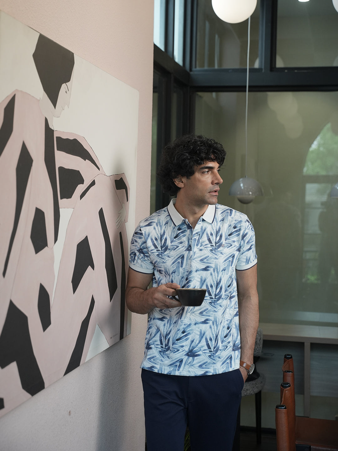 Sky Blue Printed Polo T Shirt