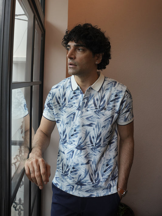 Sky Blue Printed Polo T Shirt