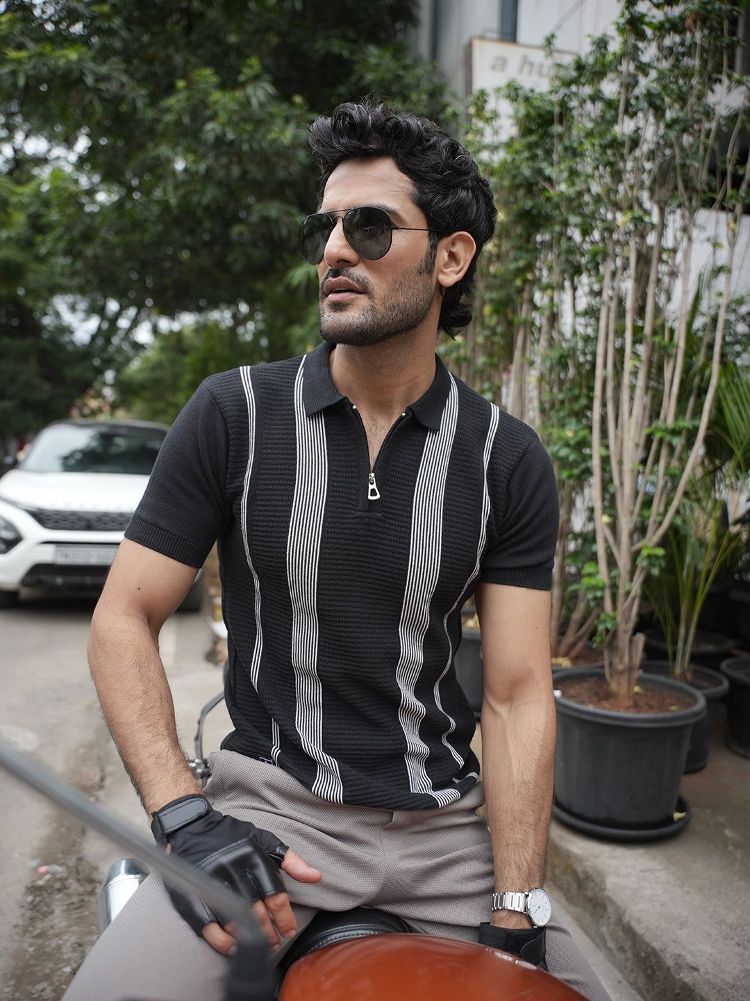 Black Stripes Zipper Polo T Shirt