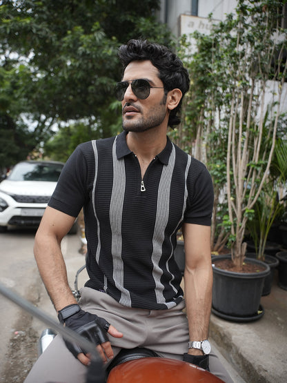 Black Stripes Zipper Polo T Shirt