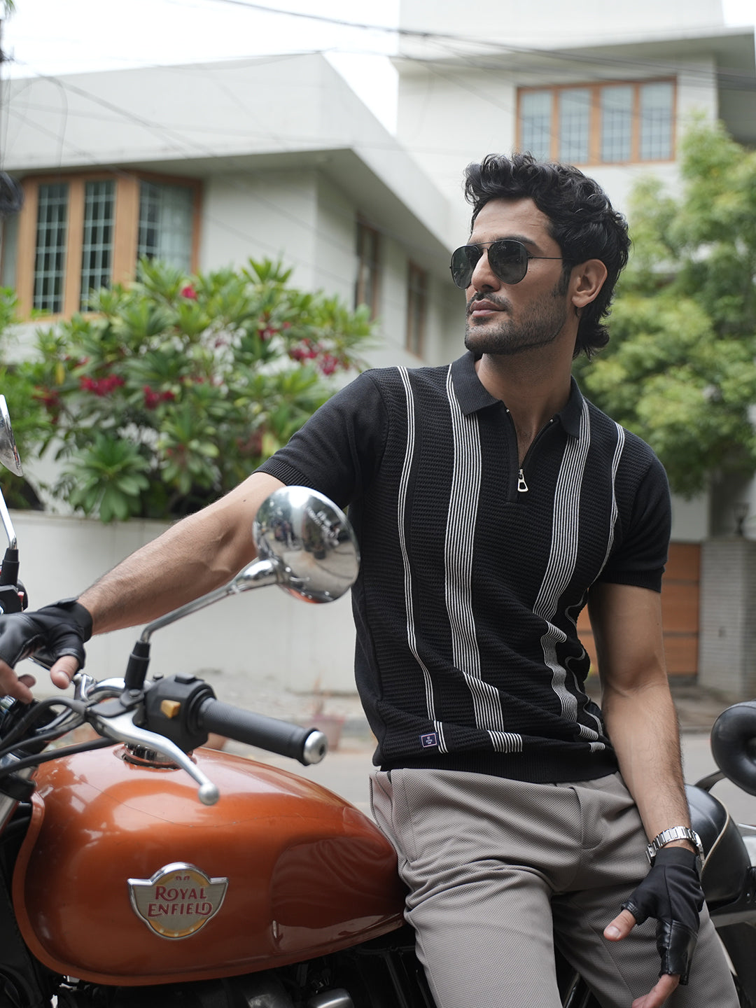 Black Stripes Zipper Polo T Shirt