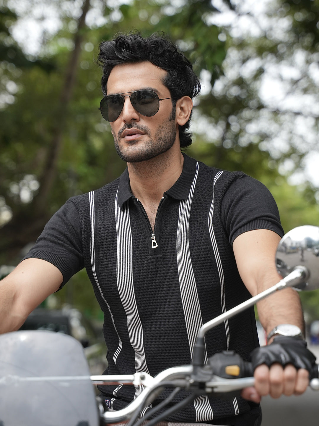 Black Stripes Zipper Polo T Shirt