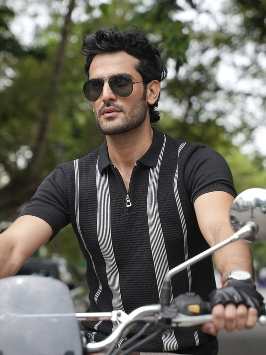 Black Stripes Zipper Polo T Shirt