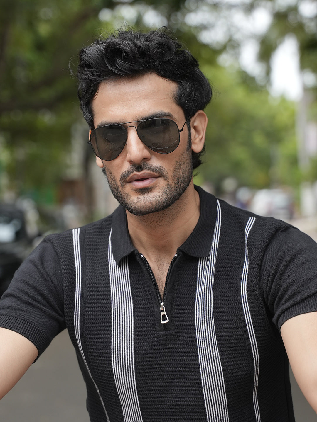 Black Stripes Zipper Polo T Shirt