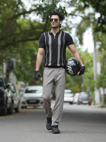 Black Stripes Zipper Polo T Shirt