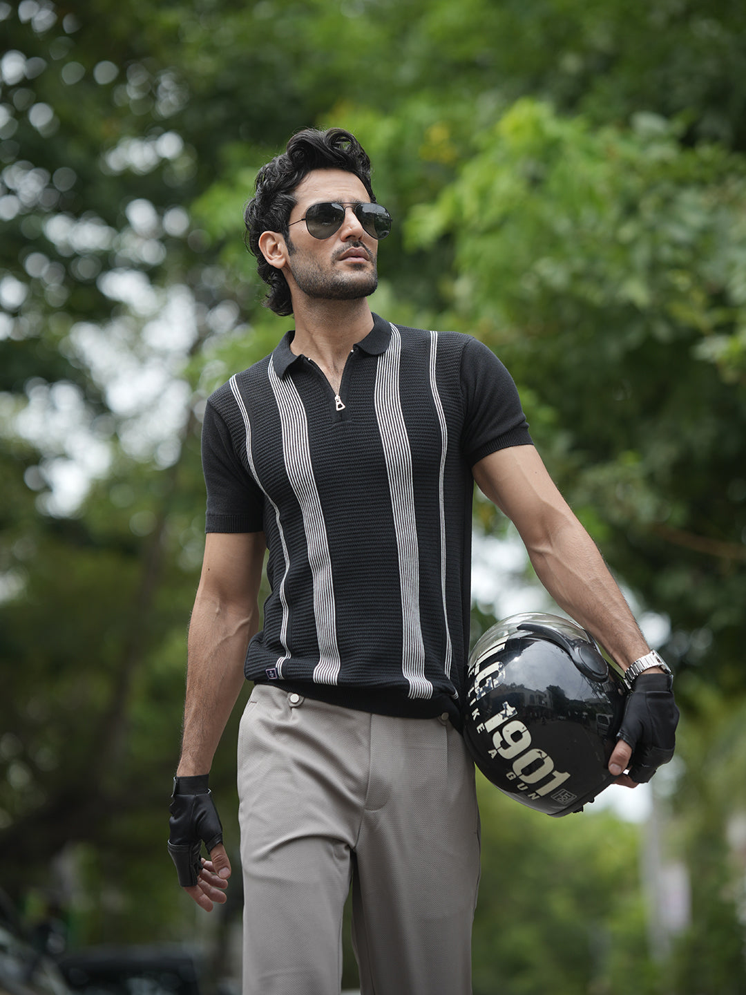 Black Stripes Zipper Polo T Shirt