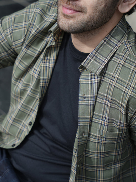 Green Checked Semi Casual Shirt