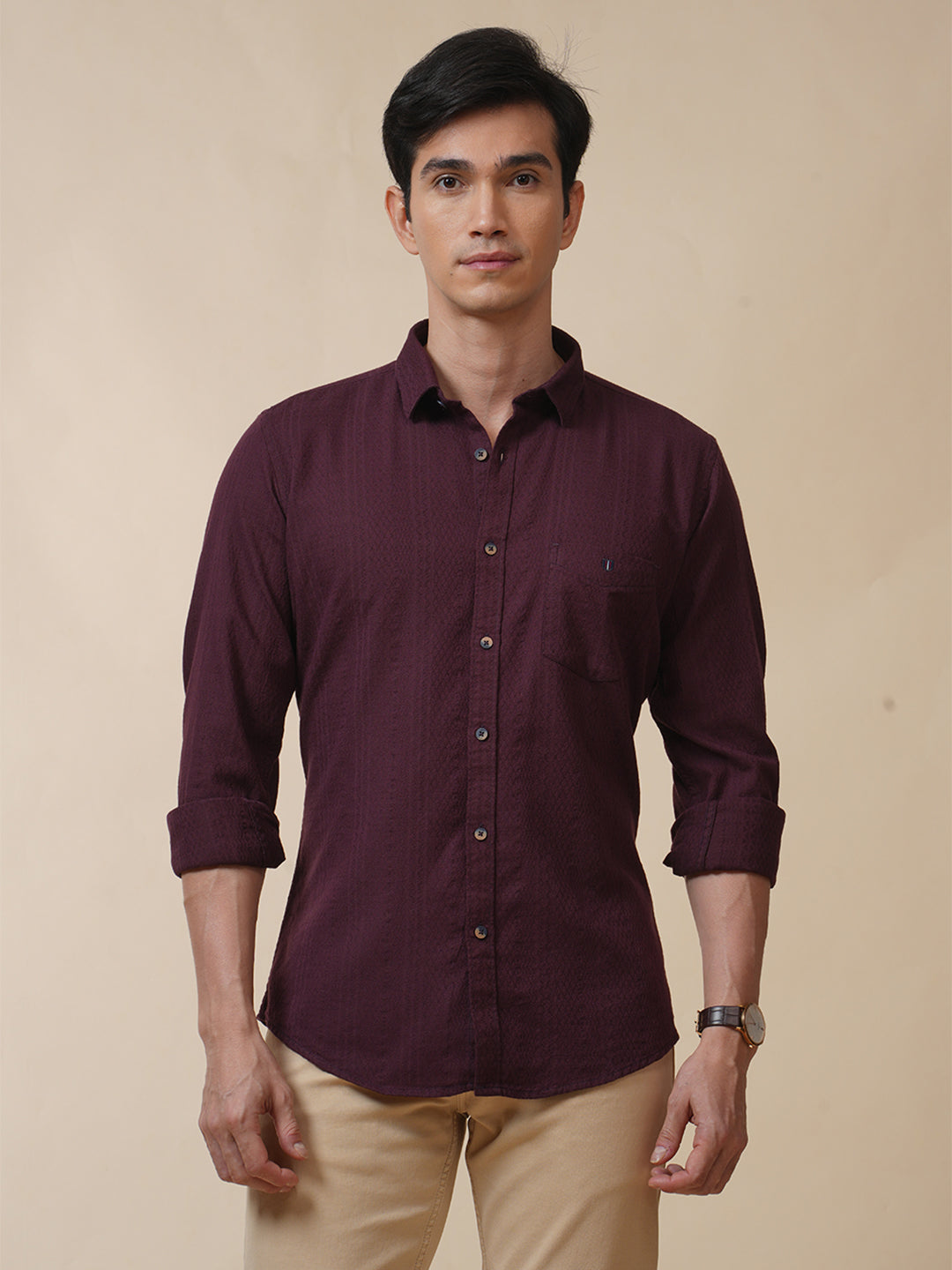 Maroon Jacquard Self Design Solid Shirt