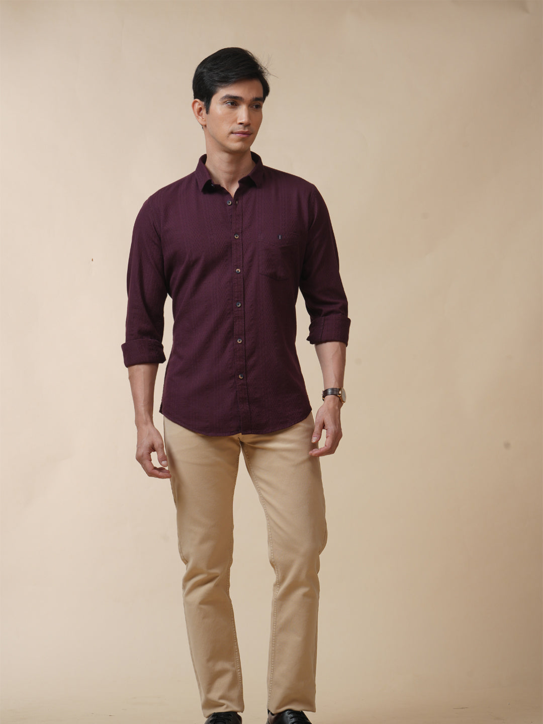 Maroon Jacquard Self Design Solid Shirt